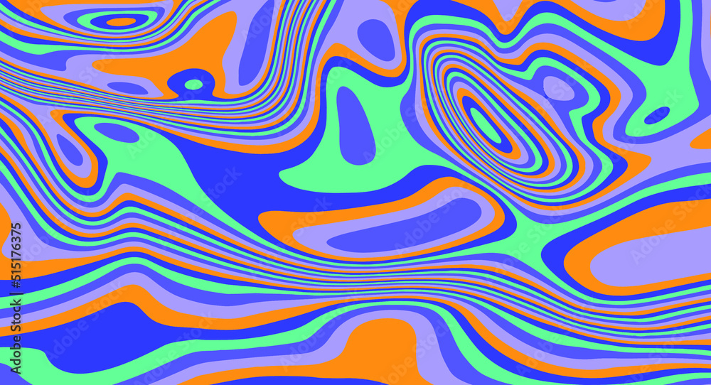 Trippy glitch background in style of psychedelic 60s and 70s parties with bright acidic colors and a winding geometric wavy pattern.