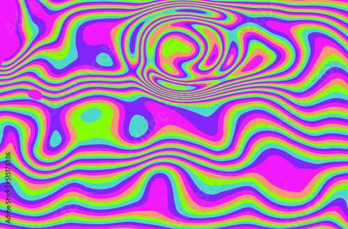 Trippy glitch background in style of psychedelic 60s and 70s parties with bright acidic rainbow colors and a winding geometric wavy pattern.