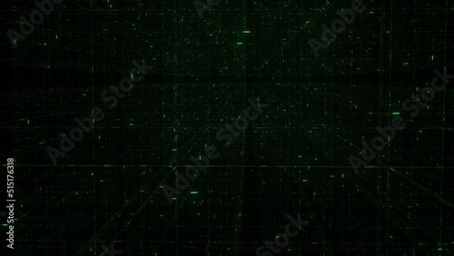 Abstract green 3d grid of circuits and lines with energy traversing among them. photo