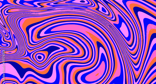 Trippy glitch background in style of psychedelic 60s and 70s parties with bright acidic colors and a winding geometric wavy pattern.