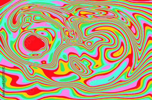 Trippy glitch background in style of psychedelic 60s and 70s parties with bright acidic colors and a winding geometric wavy pattern.