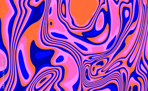 Trippy glitch background in style of psychedelic 60s and 70s parties with bright acidic colors and a winding geometric wavy pattern.