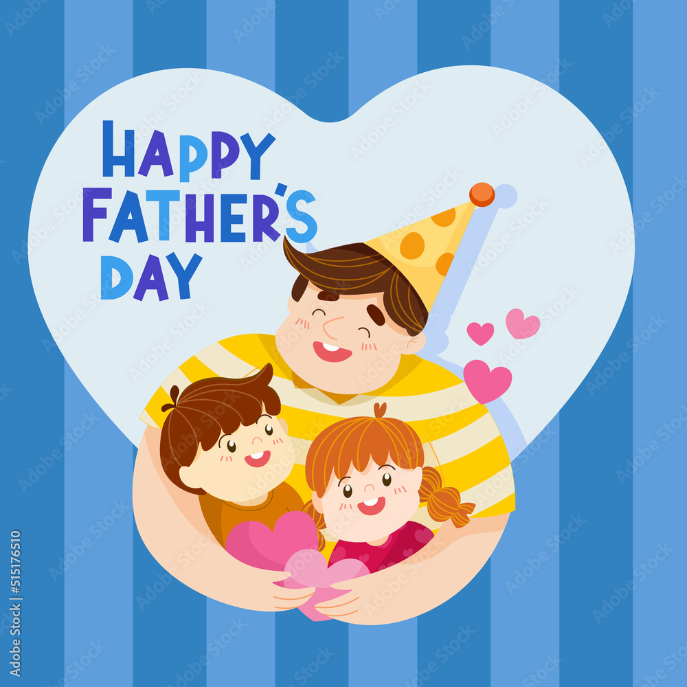 Happy family illustration. Father's Day Concept. Son And Daughter Hugging Their father. Father happily holds his children in heart shape background. Happy family illustration. Father's Day Concept. Son And Daughter Hugging Their father. Father happily holds his children in heart shape background.