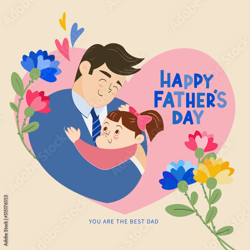 Happy family illustration and happy father's day greeting. Father happily holds his daughter in heart shape background.