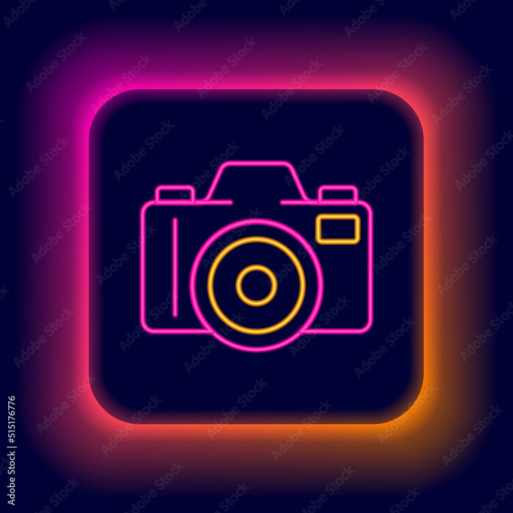 Glowing neon line Photo camera icon isolated on black background. Foto camera. Digital photography. Colorful outline concept. Vector Glowing neon line Photo camera icon isolated on black background. Foto camera. Digital photography. Colorful outline concept. Vector