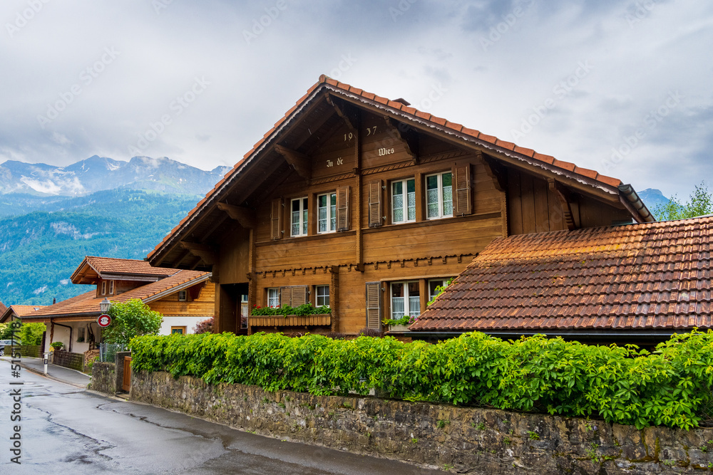 Typical facades in the town of Brienz, in the canton of Bern, Switzerland. Typical facades in the town of Brienz, in the canton of Bern, Switzerland.