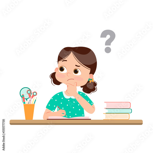 Vector illustration of a cartoon stressed little girl doing hard homework on the desk.
