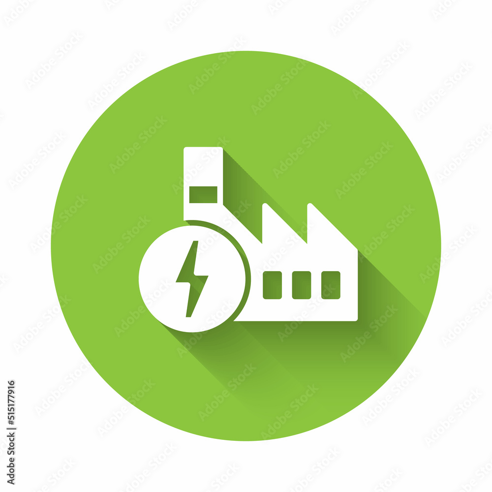White Nuclear power plant icon isolated with long shadow background. Energy industrial concept. Green circle button. Vector White Nuclear power plant icon isolated with long shadow background. Energy industrial concept. Green circle button. Vector