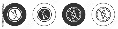 Black No lightning icon isolated on white background. No electricity. Circle button. Vector