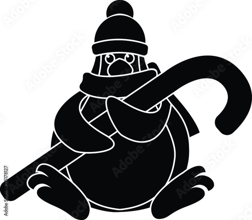 Black and White Cartoon Illustration Vector of a Cartoon Penguin Holding A Large Candy Cane Wearing a Scarf and Hat
