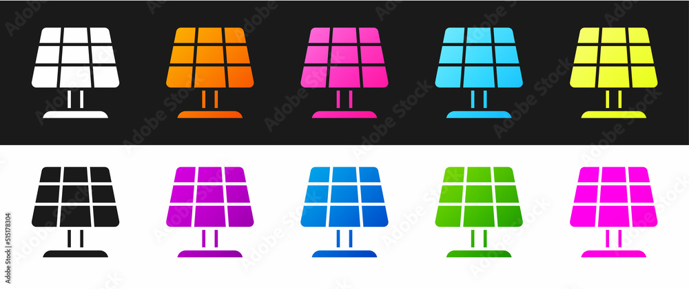 Set Solar energy panel icon isolated on black and white background. Sun with lightning symbol. Vector Set Solar energy panel icon isolated on black and white background. Sun with lightning symbol. Vector