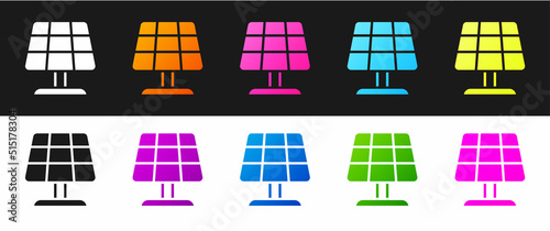 Set Solar energy panel icon isolated on black and white background. Sun with lightning symbol. Vector