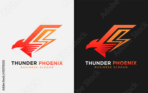 Modern Phoenix and Thunder Flash Combination Logo Design with Minimalist Modern Style Concept.