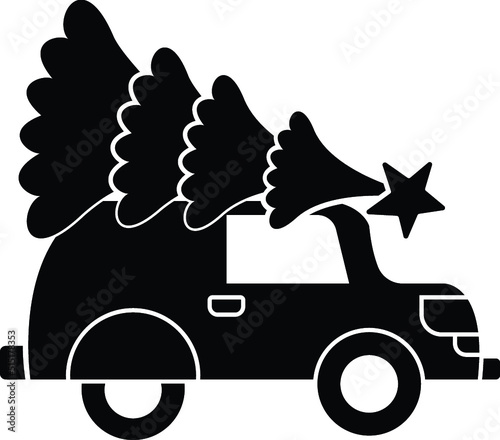 Black and White Cartoon Illustration Vector of a Vehcle Car Driving with a Christmas Tree on the Roof photo