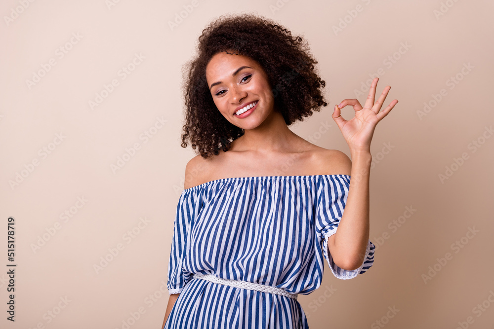Photo of gorgeous positive lady hand fingers demonstrate okey symbol isolated on beige color background