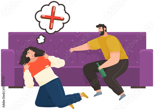 Drunk man offending woman sitting with alcohol bottle on couch, abuser yells at frightened girl. Illustration with prohibition sign in chat bubble, behavior disorder concept, social problems
