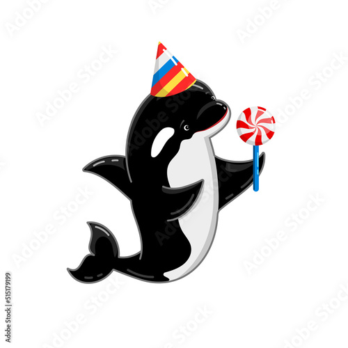cute baby killer whale character in party hat with lollipop. orca lovely cartoon illustration isolated on white. funny underwater wild sea animal clipart. shark dolphin personage for birthday design.