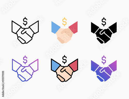 Deal Handshake icon set with different styles. Style line, outline, flat, glyph, color, gradient. Editable stroke and pixel perfect.