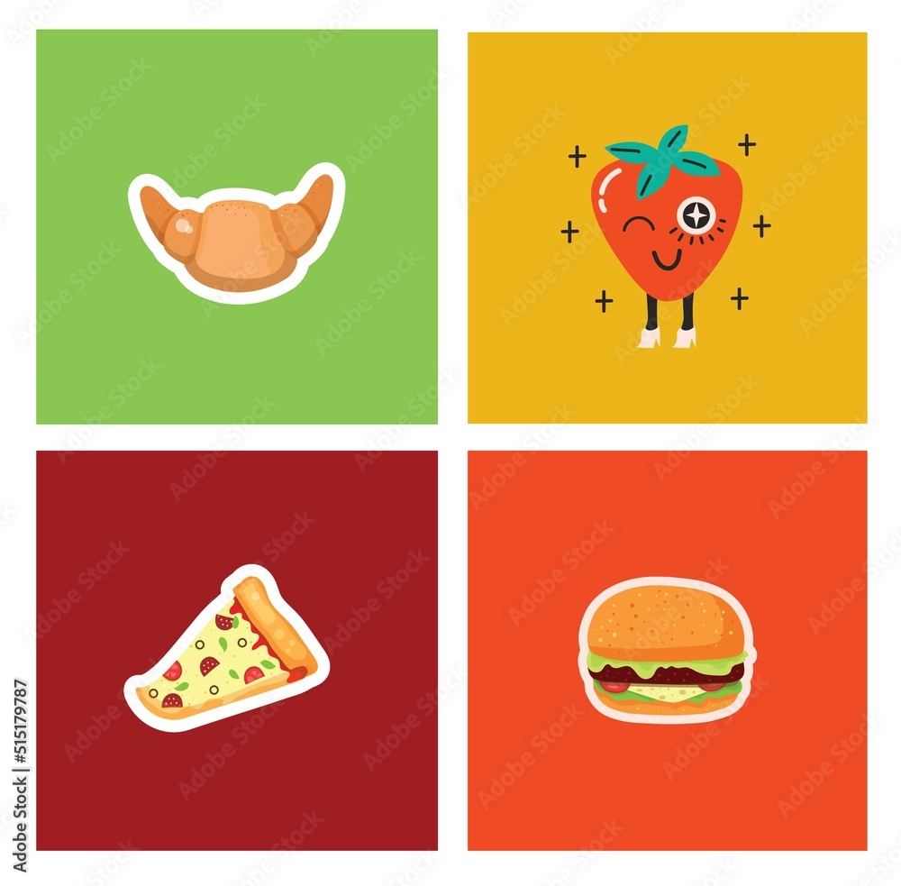 Vector background cards with trendy illustrations of crazy strawberry, sandwich, croissant and pizza.
