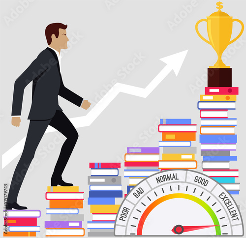 Personal development plan for career success, build specialist skill or competence to motivate and achieve business target concept, man walks up steps of stacks of books to obtain winner gold cup