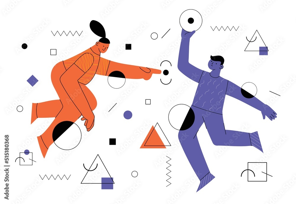 Fototapeta premium Young man and woman with abstract geometric shapes. Team building and teamwork concept. Business partnership, cooperation and communication. Modern flat cartoon style.