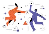 Young man and woman with abstract geometric shapes. Team building and teamwork concept. Business partnership, cooperation and communication. Modern flat cartoon style.