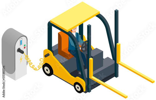 Modern electric smart car charging parking at charger station with plug in cable. Electrified future transportation e-motion. Environmentally friendly transport lift truck, battery electric jitney