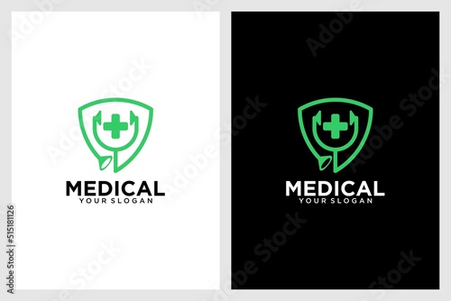 medical logo design with stethoscope and shield
