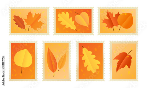 Autumn postage stamps with colourful leaves.