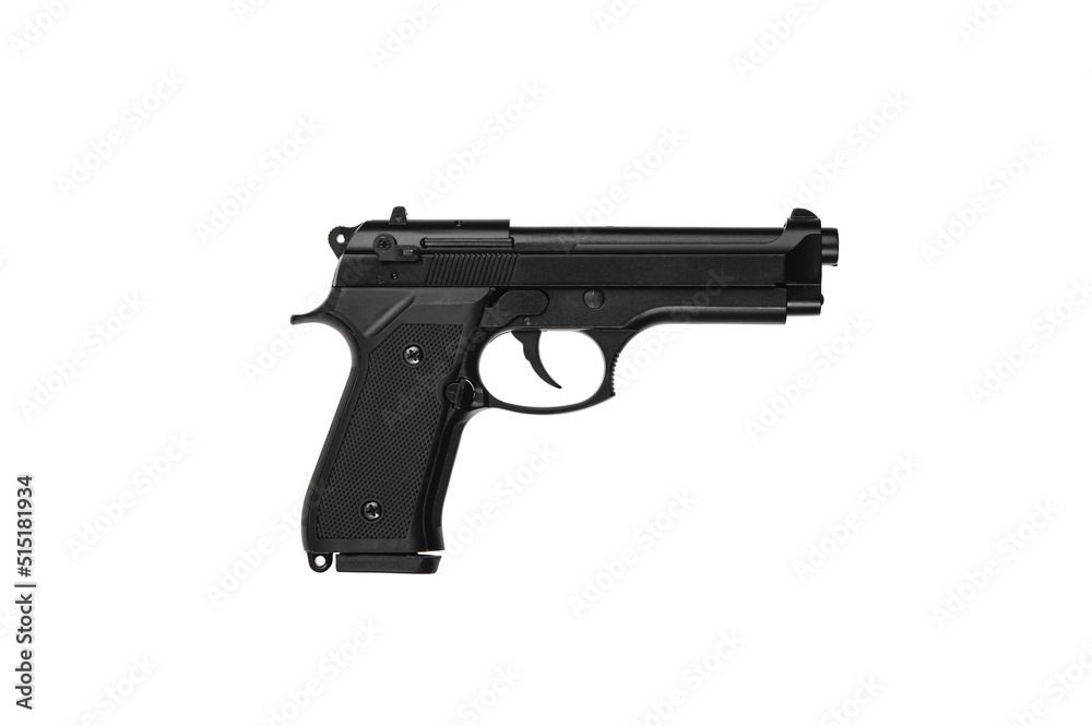 Modern semi-automatic pistol. A short-barreled weapon for self-defense. Arming the police, special units and the army. Isolate on a white back