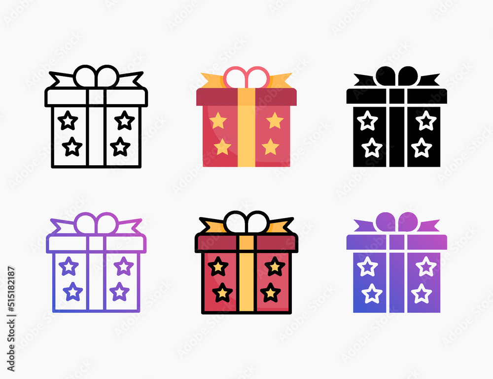 Gift Box icon set with different styles. Style line, outline, flat, glyph, color, gradient. Editable stroke and pixel perfect. Can be used for digital product, presentation, print design and more. Gift Box icon set with different styles. Style line, outline, flat, glyph, color, gradient. Editable stroke and pixel perfect. Can be used for digital product, presentation, print design and more.