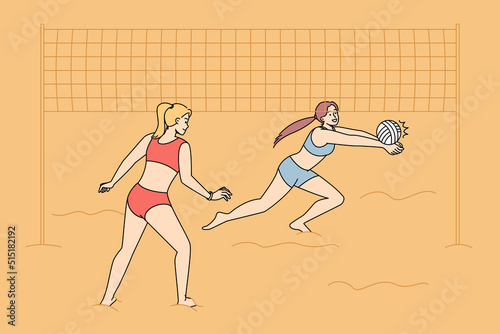 Women in swimsuits playing volleyball on beach. Smiling active girls in bikini involved in sport activity on seashore on summer holidays. Vector illustration. 