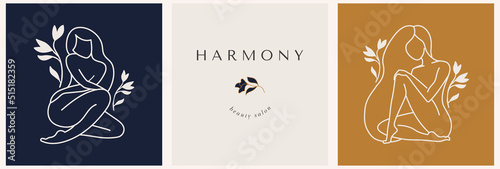Vector abstract logo with butterfly and woman silhouette. Corporate design templates in trendy linear minimal style, beauty and cosmetics studio emblem - icon for makeup artist, fashion