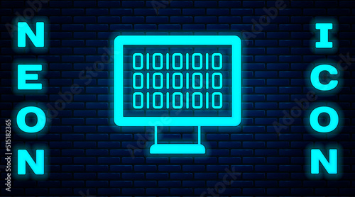 Glowing neon Binary code icon isolated on brick wall background. Vector