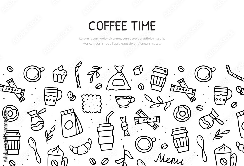 Naklejka premium Doodle set of coffee theme. Web banner template. Vector hand drawn illustration.