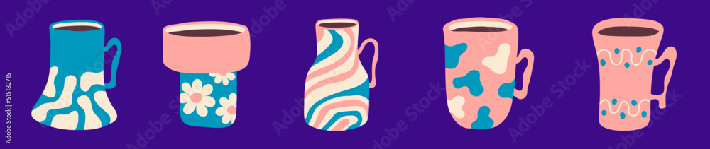 Illustration of abstract bowls with clouds, flowers, and stains patterns. Set of modern cups. Best for kid's products. Illustration of abstract bowls with clouds, flowers, and stains patterns. Set of modern cups. Best for kid's products.