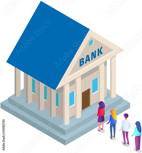 Bank building with characters in queue. Business people standing in line for money. Client investors near architectural structure, bank. Credit investment c money exchange, financial service concept