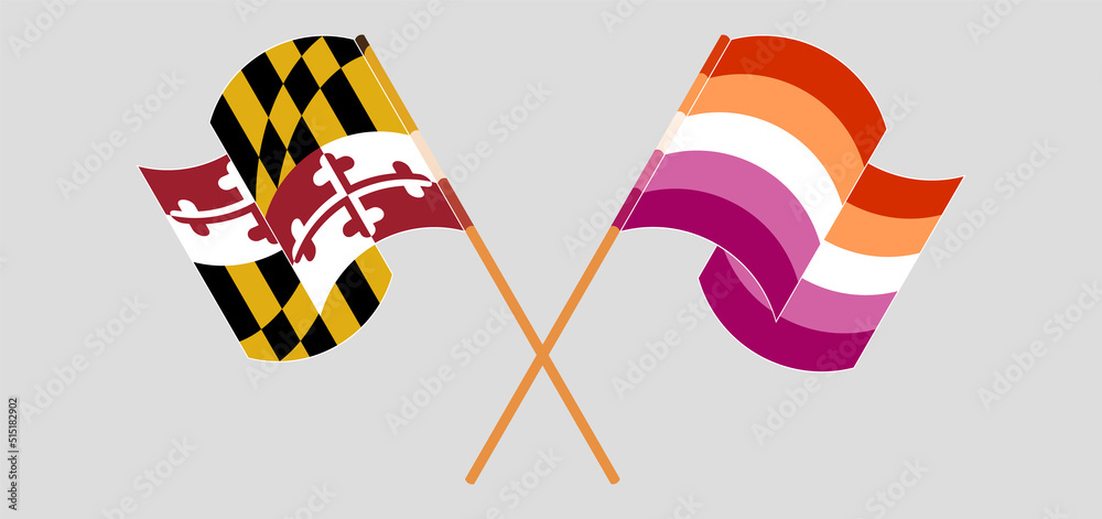 Crossed and waving flags of the State of Maryland and Lesbian Pride