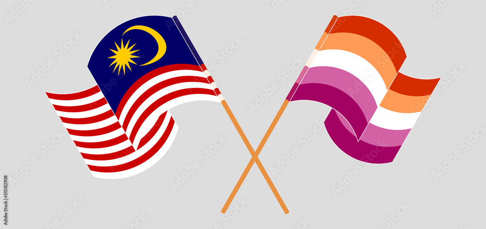 Crossed and waving flags of Malaysia and Lesbian Pride Crossed and waving flags of Malaysia and Lesbian Pride