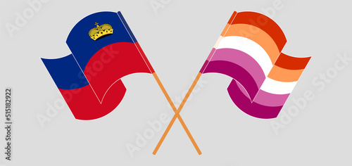 Crossed and waving flags of Liechtenstein and Lesbian Pride