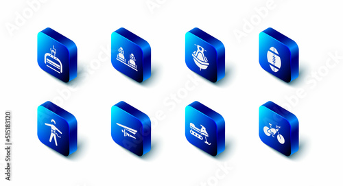 Set Snowboard, Jet ski, Rugby ball, Bicycle, Snowmobile, Hang glider, Bungee jumping and Ski lift icon. Vector