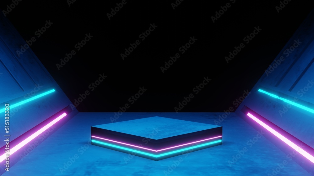 3d rendering of spaceship corridor neon glowing blue purple background ...