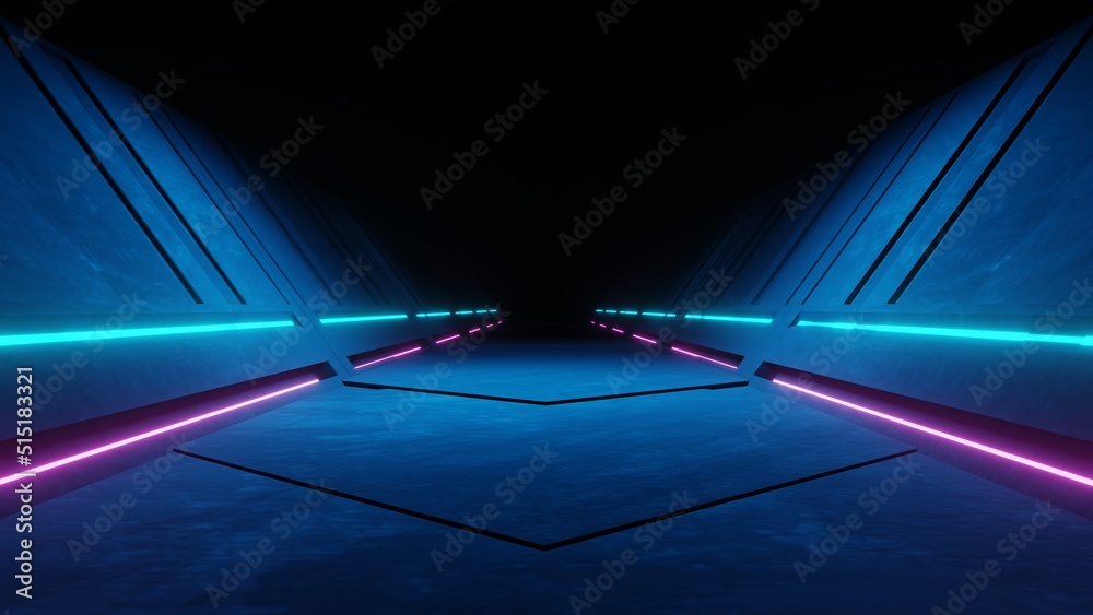 Obraz premium 3d rendering of spaceship corridor neon glowing blue purple background futuristic. Cyberpunk concept. Scene for advertising, showroom, technology, future, modern, sport, metaverse. Sci Fi Illustration