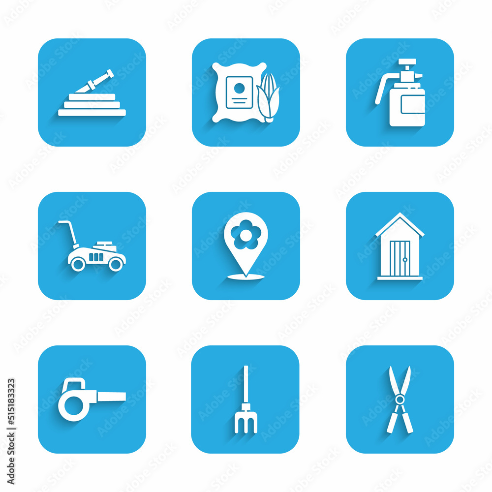 Set Location with flower, Garden rake, Gardening handmade scissors, Farm house, Leaf garden blower, Lawn mower, sprayer for fertilizer and hose fire hose icon. Vector Set Location with flower, Garden rake, Gardening handmade scissors, Farm house, Leaf garden blower, Lawn mower, sprayer for fertilizer and hose fire hose icon. Vector