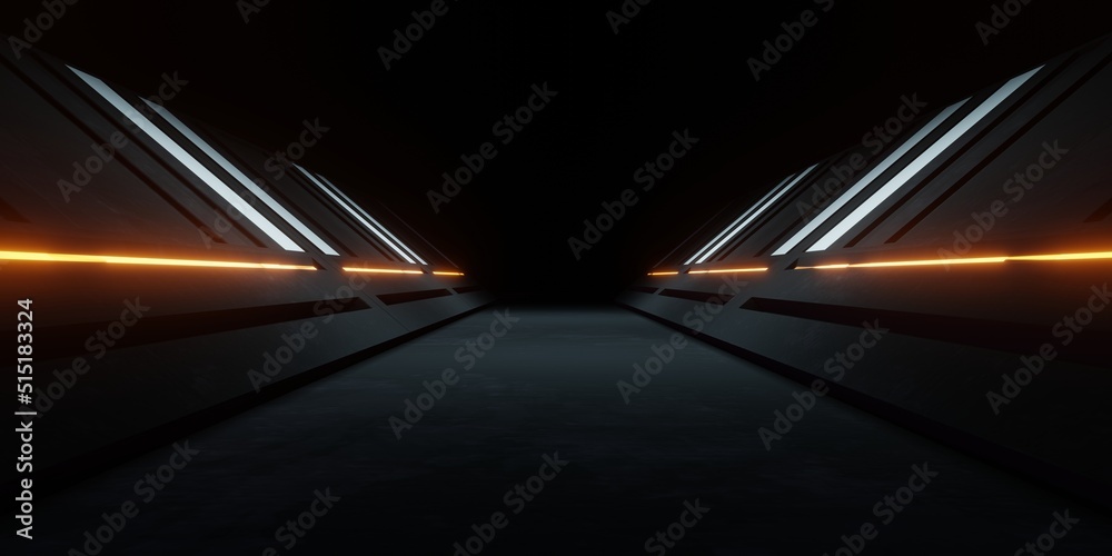3d rendering of spaceship corridor neon glowing orange background futuristic. Cyberpunk concept. Scene for advertising, showroom, technology, future, modern, sport, metaverse. Sci Fi Illustration