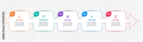 Infographic 5 steps rectangle with big arrow through the elements. Colorful line and elements design.