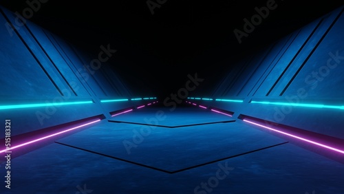 Fototapeta Naklejka Na Ścianę i Meble -  3d rendering of spaceship corridor neon glowing blue purple background futuristic. Cyberpunk concept. Scene for advertising, showroom, technology, future, modern, sport, metaverse. Sci Fi Illustration