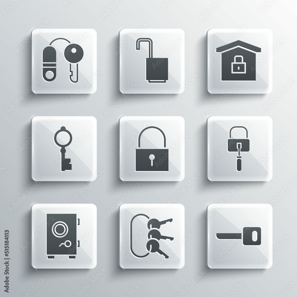 Set Bunch of keys, Key, Lock picks for lock picking, Safe, Old, House with and under protection icon. Vector Set Bunch of keys, Key, Lock picks for lock picking, Safe, Old, House with and under protection icon. Vector