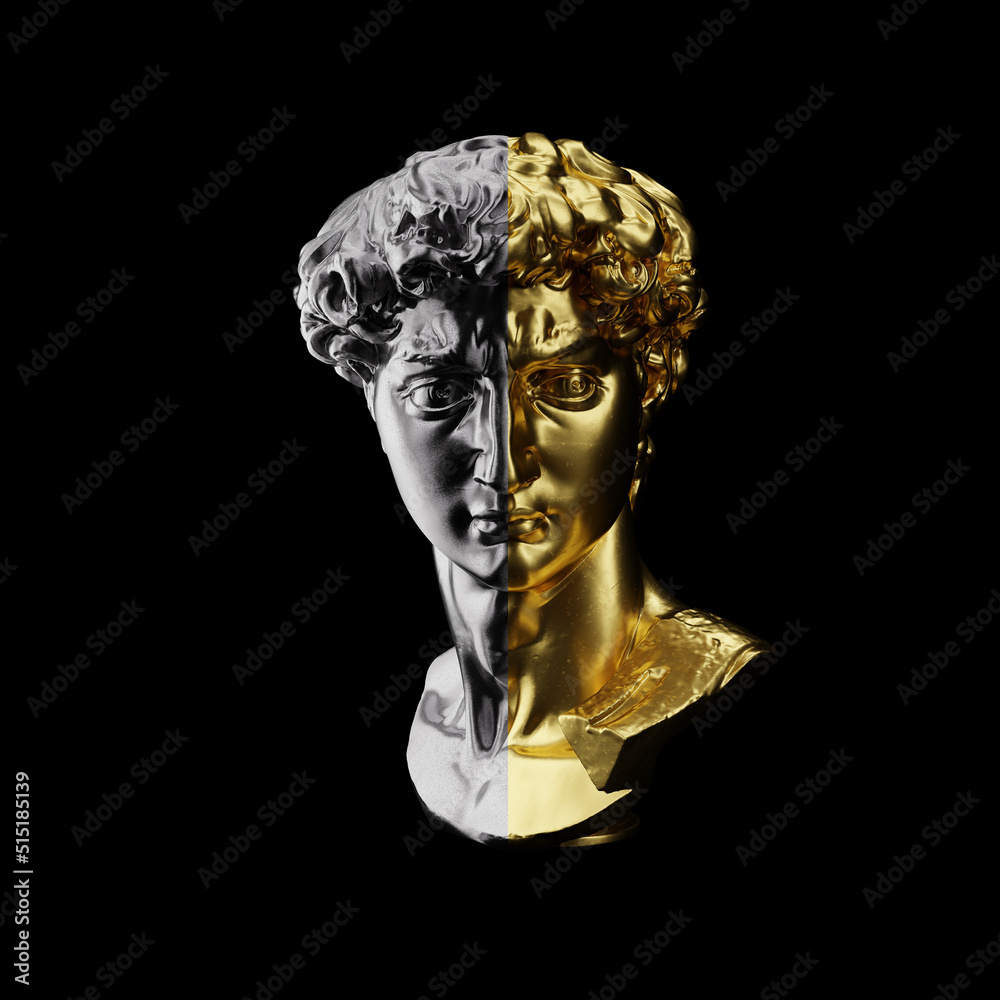Silver statue of David's head. Gold David statue plaster copy isolated on dark background. Silver statue of David's head. Gold David statue plaster copy isolated on dark background.