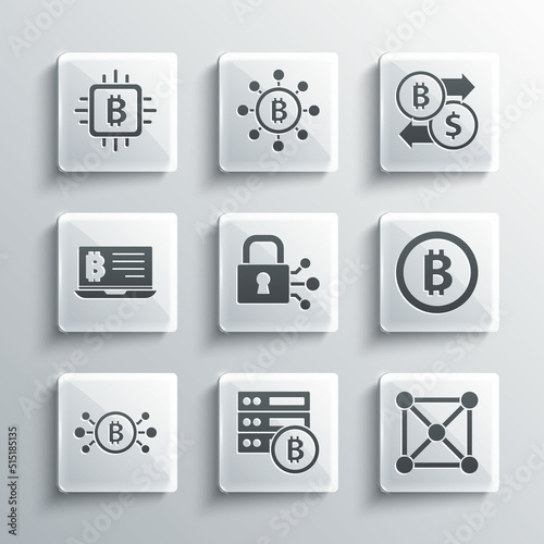 Set Server bitcoin, Blockchain technology, Bitcoin, Lock with, circuit, Mining from laptop, CPU mining farm and Cryptocurrency exchange icon. Vector